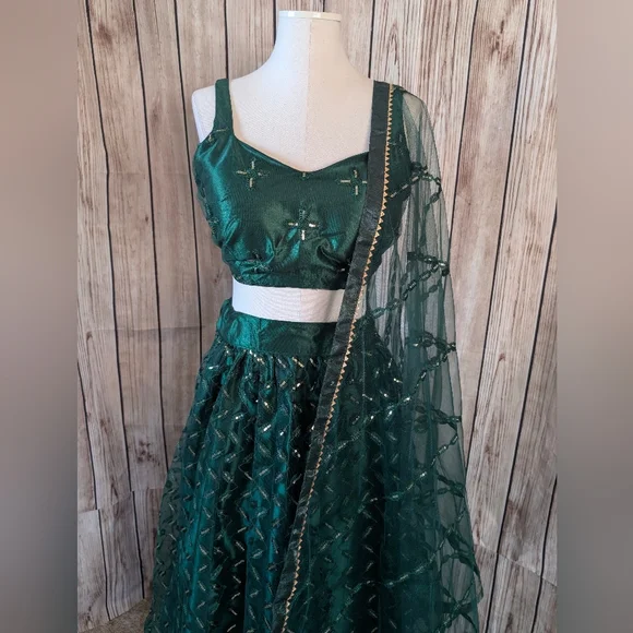 Elegant Emerald Green Lehenga Choli Set - Picture 5 of 14